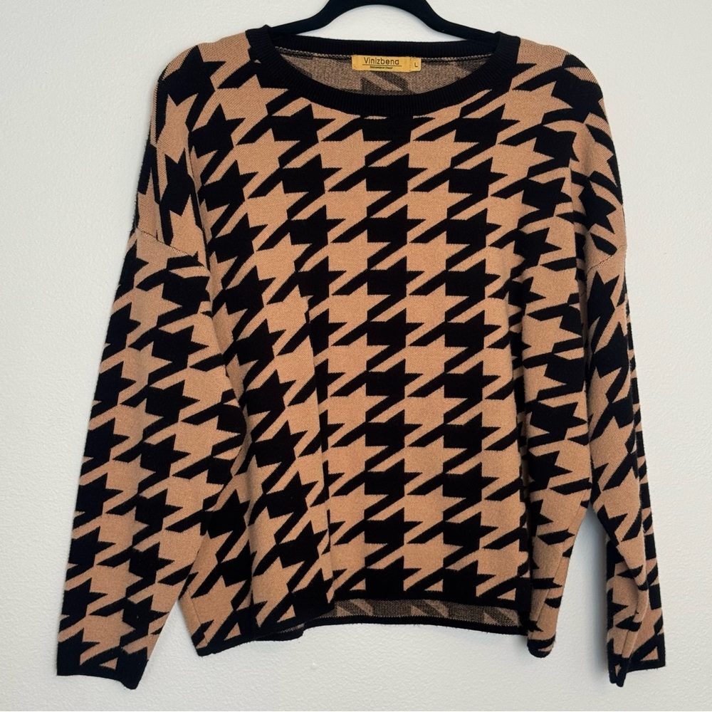 Vinizbena Italy Houndstooth Sweater Cotton Viscose Camel & Black Large Women’s